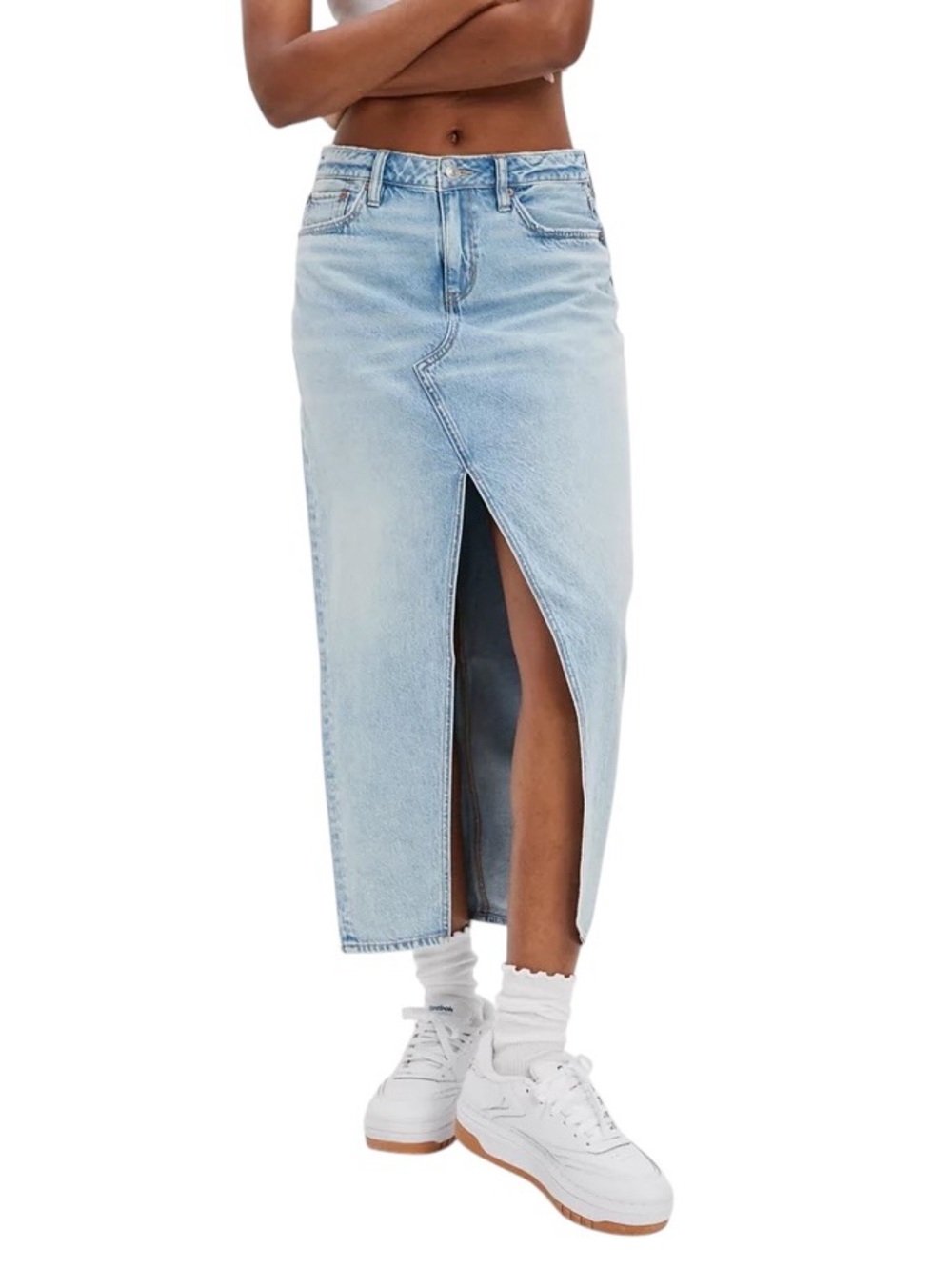 American Eagle Light Wash Denim Midi Skirt Womens 2